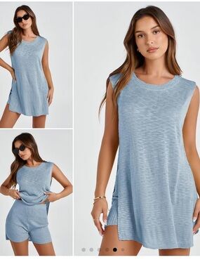Uaneo 2 Piece Outfit Summer Knit Sweater Set Sleeveless Tunic top and short